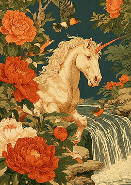 Unicorn in Floral Landscape with Waterfall