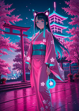 Anime Girl in Kimono with Cat Ears