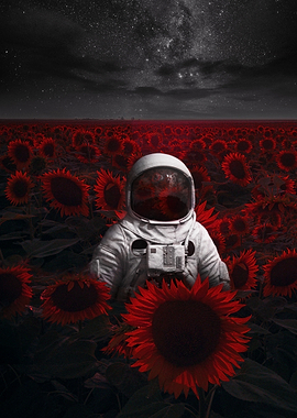 Astronaut in Red Sunflower Field