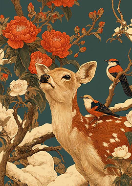 Deer with Birds and Floral Background