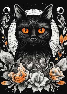Black Cat with Floral Ornament
