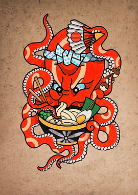 Octopus Chef Eating Ramen Illustration