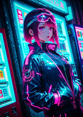 Cyberpunk Anime Girl with Neon Vending