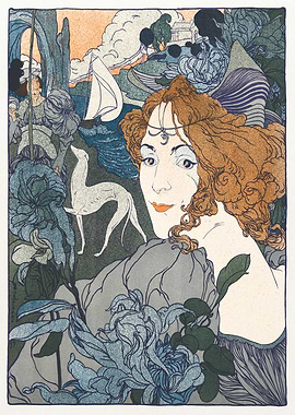 Art Nouveau Woman with Dog and Flowers
