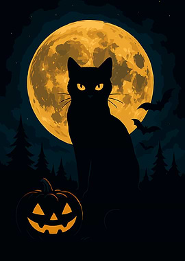 Black Cat & Jack-O’-Lantern Under Full Moon | Spooky Halloween Wall Art