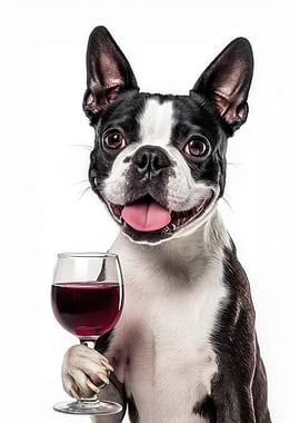 Boston Terrier with Wine Glass