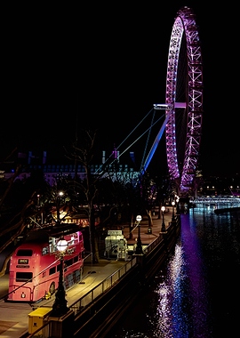 London Eye and Red Bus at Night