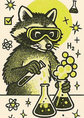Raccoon Scientist with Beakers and Test Tubes