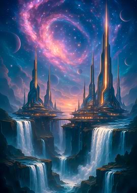Futuristic Cityscape with Waterfalls and Nebula