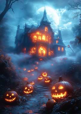 Spooky Halloween House with Jack-o'-Lanterns