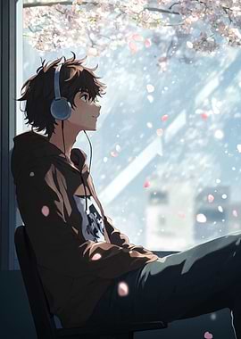 Anime Boy Listening to Music Indoors