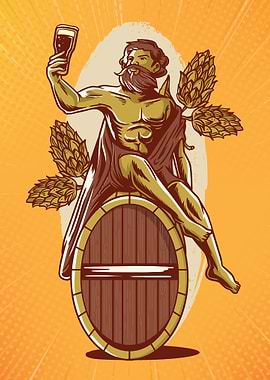 Beer God on Barrel with Hops