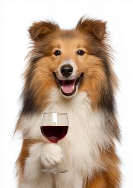 Shetland Sheepdog with Wine Glass