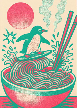 Surfing Penguin Ramen Bowl Art
