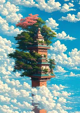 Tower in the Clouds with Trees