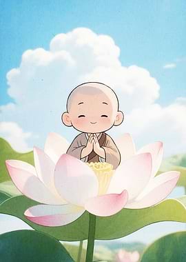 Cartoon Monk Lotus Flower