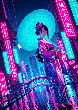 Neon Geisha in Futuristic Cityscape