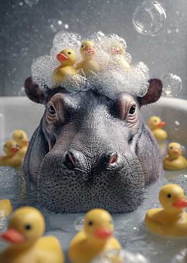 Hippo in Bathtub with Rubber Ducks
