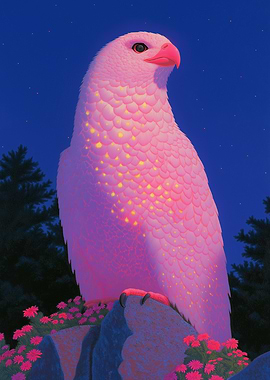 A majestic griffin with glowing pink feathers at night