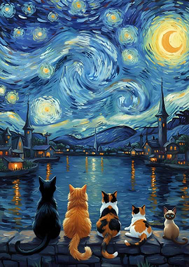 Cats under Starry Night painting