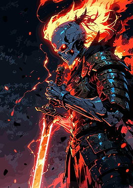 Flaming Skull Samurai Warrior Illustration