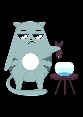 Grumpy Cat with Fish and Bowl