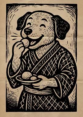Dog in Kimono Eating Dumplings