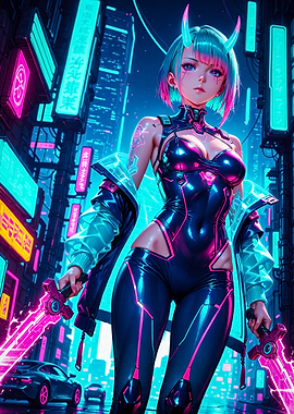 Cyberpunk Style Anime Girl with Neon Swords