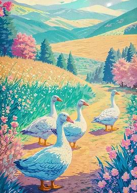 Geese Pastel Landscape