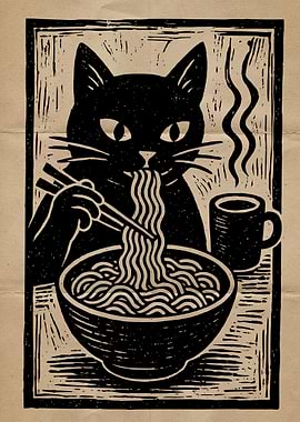 Black Cat Eating Ramen Woodcut Print