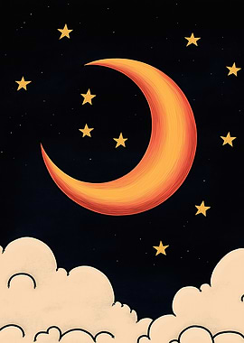 A glowing crescent moon in a bed of fluffy clouds