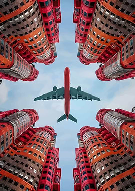 Airplane flying over red buildings