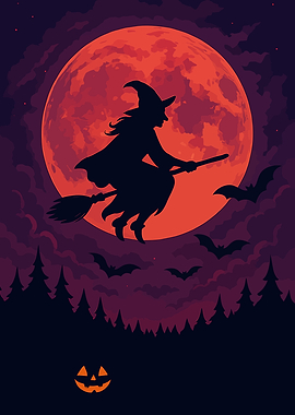 Witch Flying Under a Blood Moon – Halloween Night Magic