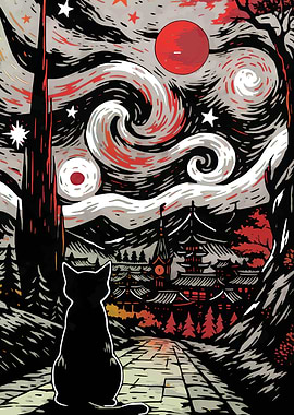 Black Cat and Japanese Landscape Art