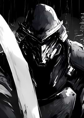 Monochrome Armored Warrior in Cityscape