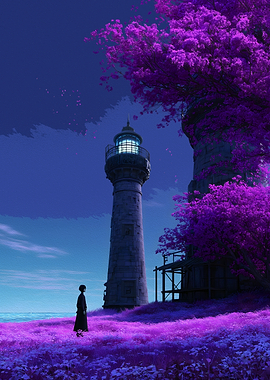 Lighthouse and Purple Blossoms Landscape