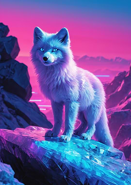 Neon Arctic Fox on Crystal Ice — Vibrant Futuristic Wildlife Art