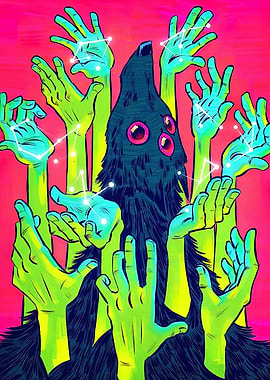 Mystical Creature with Hands and Constellations