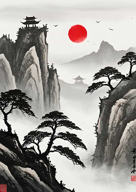 Japanese Sumi-e Landscape with Red Sun