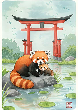 Red Panda Family at Japanese Shrine