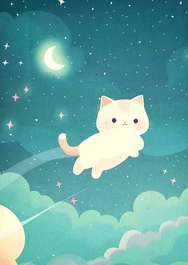 Cute Cat Flying Night Sky