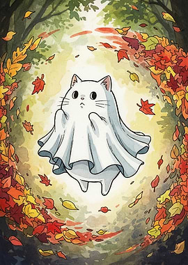 Ghost Cat in Autumn Leaves
