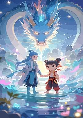 Fantasy Dragon with Two Characters