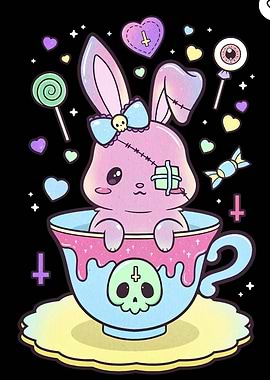 Pastel Goth Bunny in Teacup Illustration