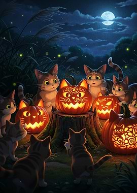 Cats and Halloween Pumpkins in Forest