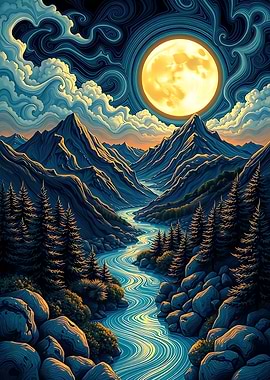 Mountain River Under a Full Moon