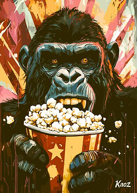 Gorilla with Popcorn Bucket Illustration