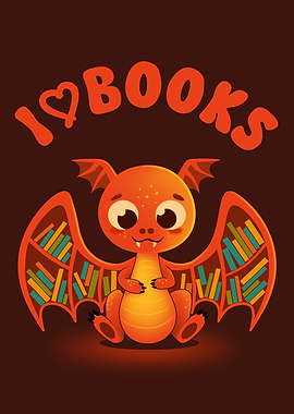 Dragon Library – Cute Red Dragon with Book Wings Wall Art