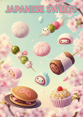 Japanese Sweets Illustration with Cherry Blossoms