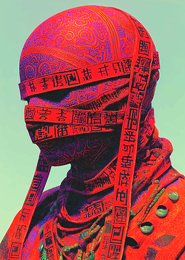 Red Figure with Asian Script Bands